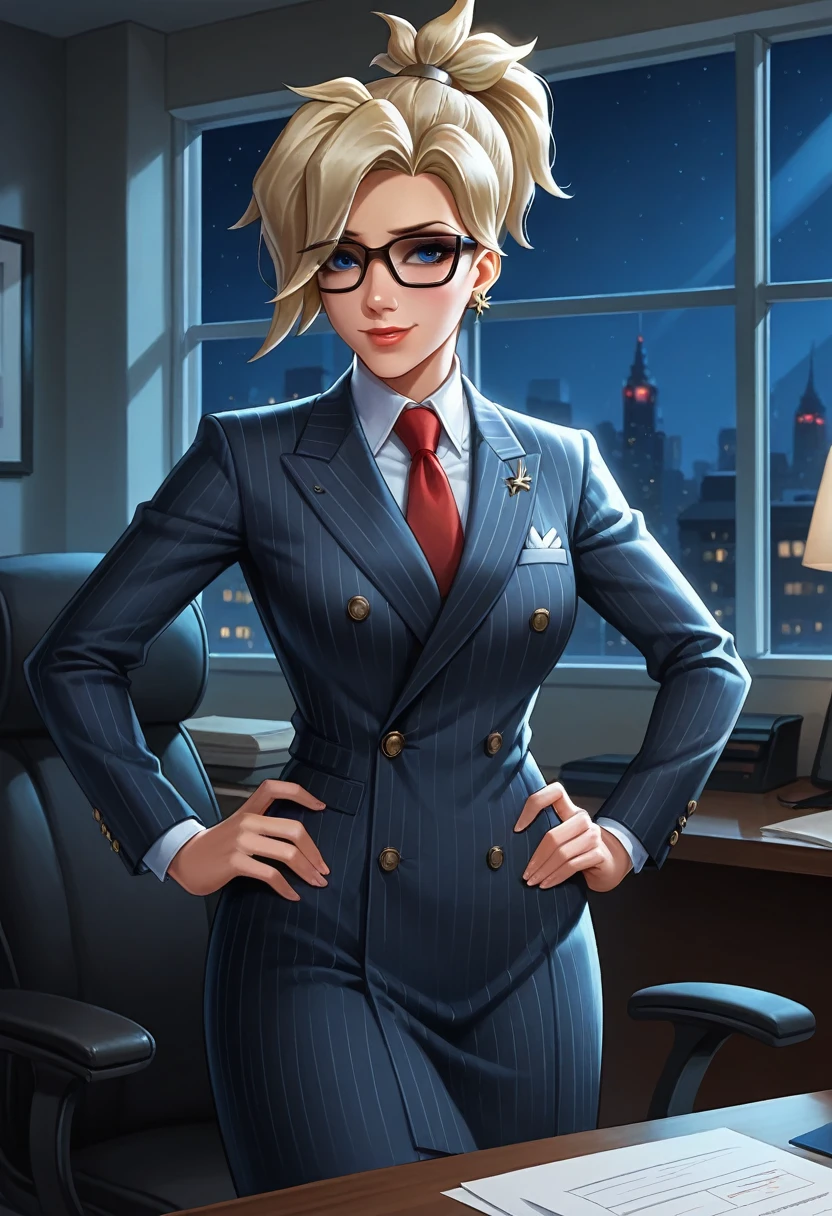 score_9, score_8_up, score_7_up,score_6_up, score_5_up, 1girl, Mercy (Overwatch), solo, pretty face, blonde hair, ponytail, light blush, makeup, lipstick, medium perky breasts, seductive eyes, double-breasted suits, 1girl, solo, glasses, formal, jewelry, suit, red necktie, earrings, jacket, shirt, standing, hand on hip, window, navy pinstripe jacket, light blue shirt with white shirt collar, skirt, makeup, bedroom eyes, seductive, heavy blush, smile, detailed background, night, moonlight, inside, office, volumetric lighting, vivid colours, sitting on office chair, full body shot, sexy, 