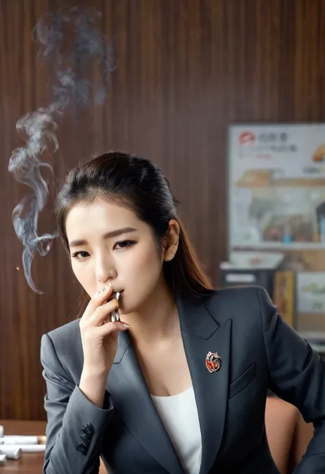 a woman smoking a cigarette in a busy office setting, a woman smoking a cigarette, bae suzy, a woman smoking a cigarette, smokin...