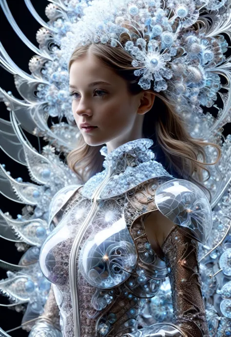 in the style of megan hess,(in the style of nick veasey:0.6),shiny translucent mandelbrot armor, fractal,1girl,