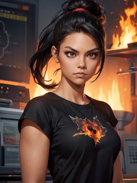 a girl's sloppy appearance mulatto with ponytail black hair, fire, black t-shirt, flames, elegant, digital painting, concept art...