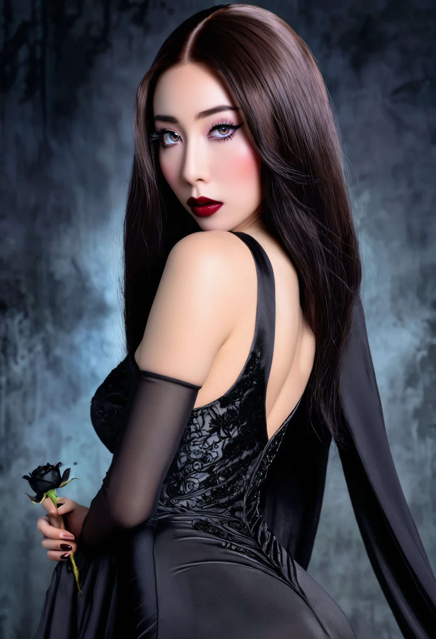 a cute Yuna in cosplay as Morticia Adams, beautiful detailed eyes, beautiful detailed lips, extremely detailed eyes and face, long eyelashes, slinky black dress, deep v down middle, deep thigh slits, sultry pose, holding a black rose, 8k, best quality, high resolution, masterpiece, ultra-detailed, realistic, photorealistic, HDR, studio lighting, extreme detail description, vivid colors, dark gothic, chiaroscuro lighting, moody atmosphere, dramatic lighting