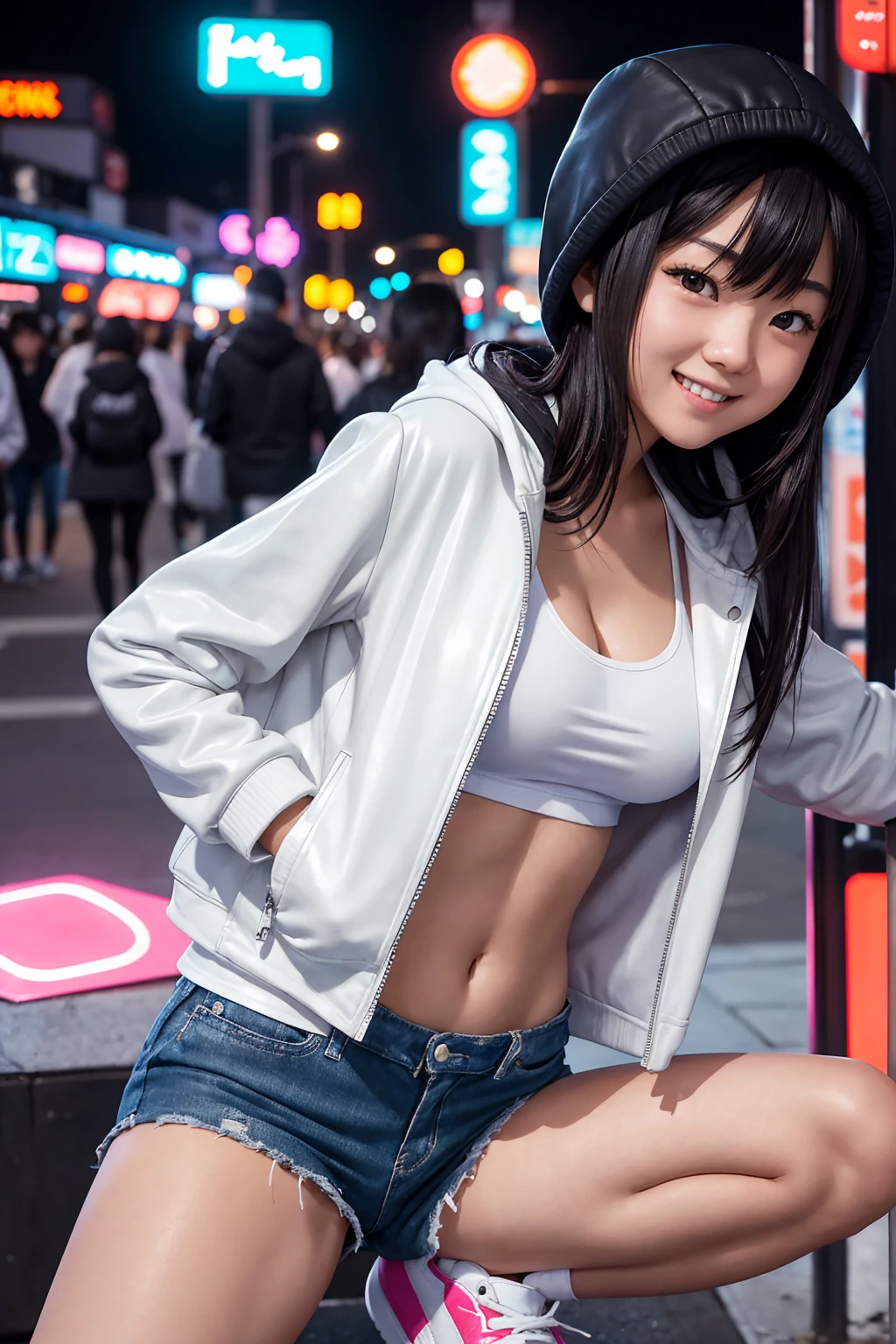 A young Japanese girl, wearing a white t-shirt, a leather jacket and a hood up.demin short pants,ankle_socks,sneaker, She was looking at me with a smile on her beautiful face, her breasts so big that they accentuated her cleavage.jumping,Late night entertainment district with dazzling neon lights
