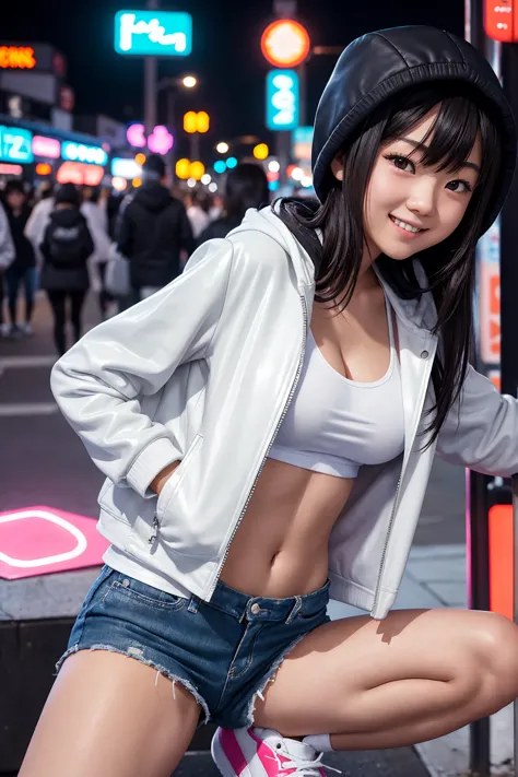 a young japanese girl, wearing a white t-shirt, a leather jacket and a hood up.demin short pants,ankle_socks,sneaker, she was lo...