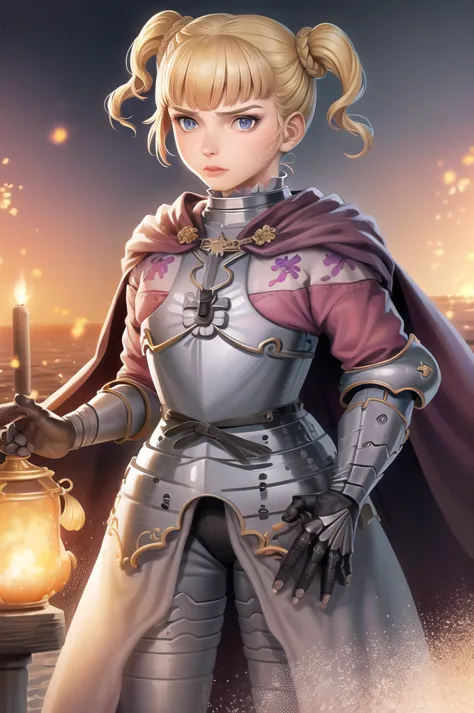 farne arm, alone, short twin tails, (lips:0.7), armor, breastplate, gauntlet, cape, view your viewers, mature woman, (severe:0.5...