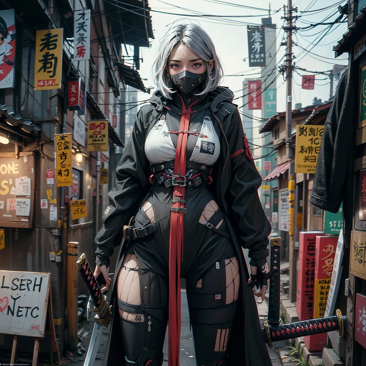 1female samurai cyborg wearing a cloak, (Black Coat:1.2), holding sword, Katana, God of War, complex, 8k, wallpaper, (Masterpiece, Best quality:1.2), extremely detailed, cinematic, iridescent, armor, mecha,