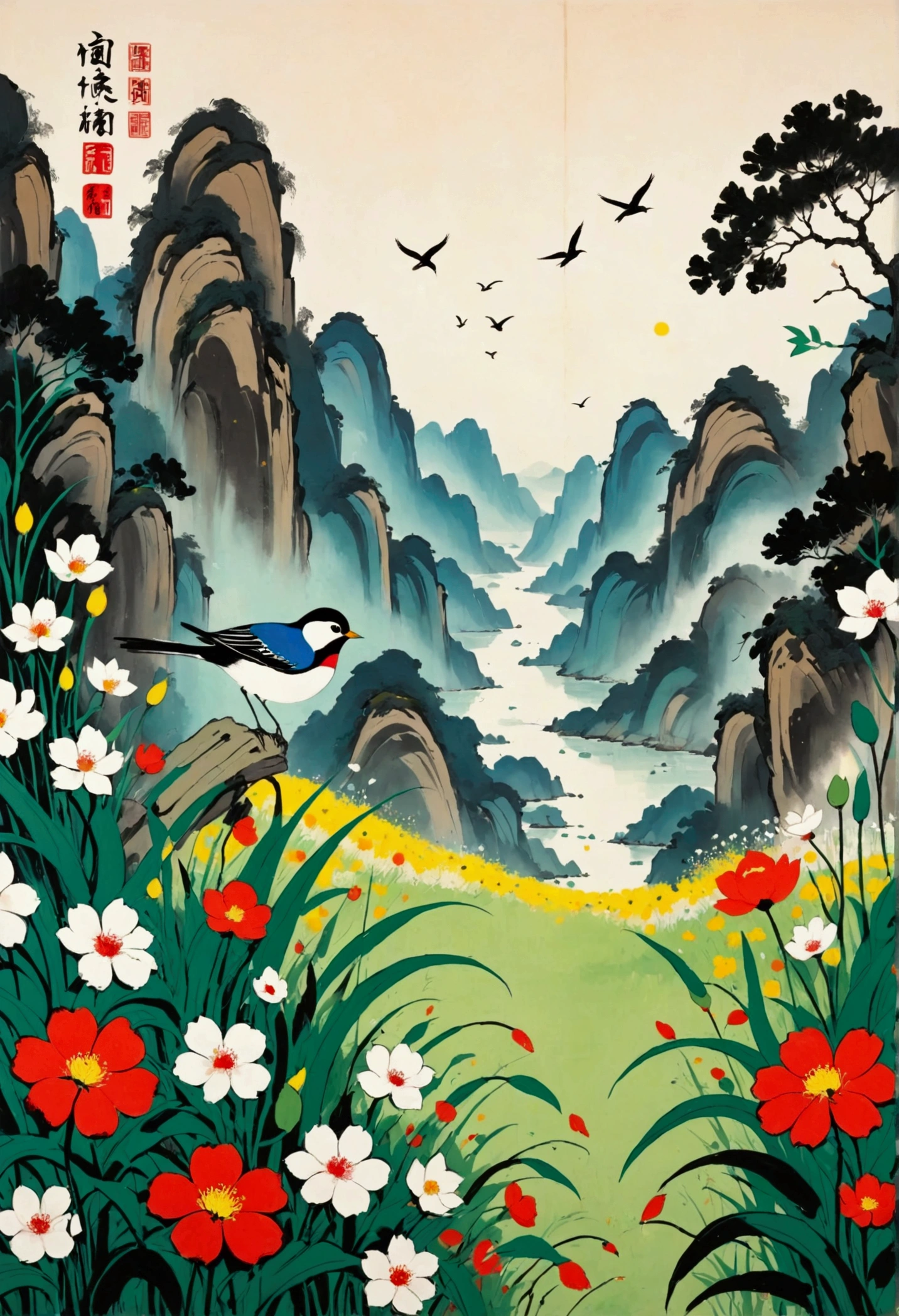 Pop Art，Modern art abstract painting：Polka dot art，Birds perched on flowers,Grass， author Gai Qi, author：Gao Cen, Wu Guanzhong, author：Wu Wei, author：Shao Mi, Wang Shimin, author：Luo Mu, traditional Chinese painting, Mei Qing, by Xia Shuwen, inspired Wu Guanzhong, author：Gong Kai, by Zhou Shuxi