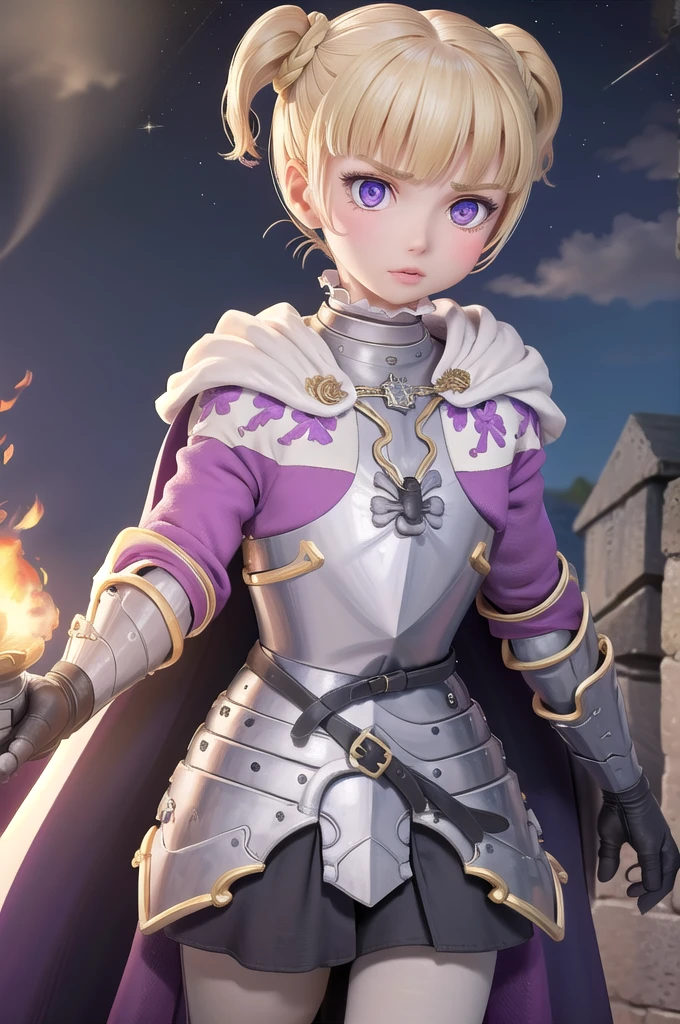 Farne Arm, alone, Short Twin Tails, (lips:0.7), Black-purple armor, breastplate, Gauntlet, Cape, View your viewers, Mature Woman, (Severe:0.5), Traditional Media, (fire:0.7), Night Sky, 残りfire, Town centre, Medieval, 