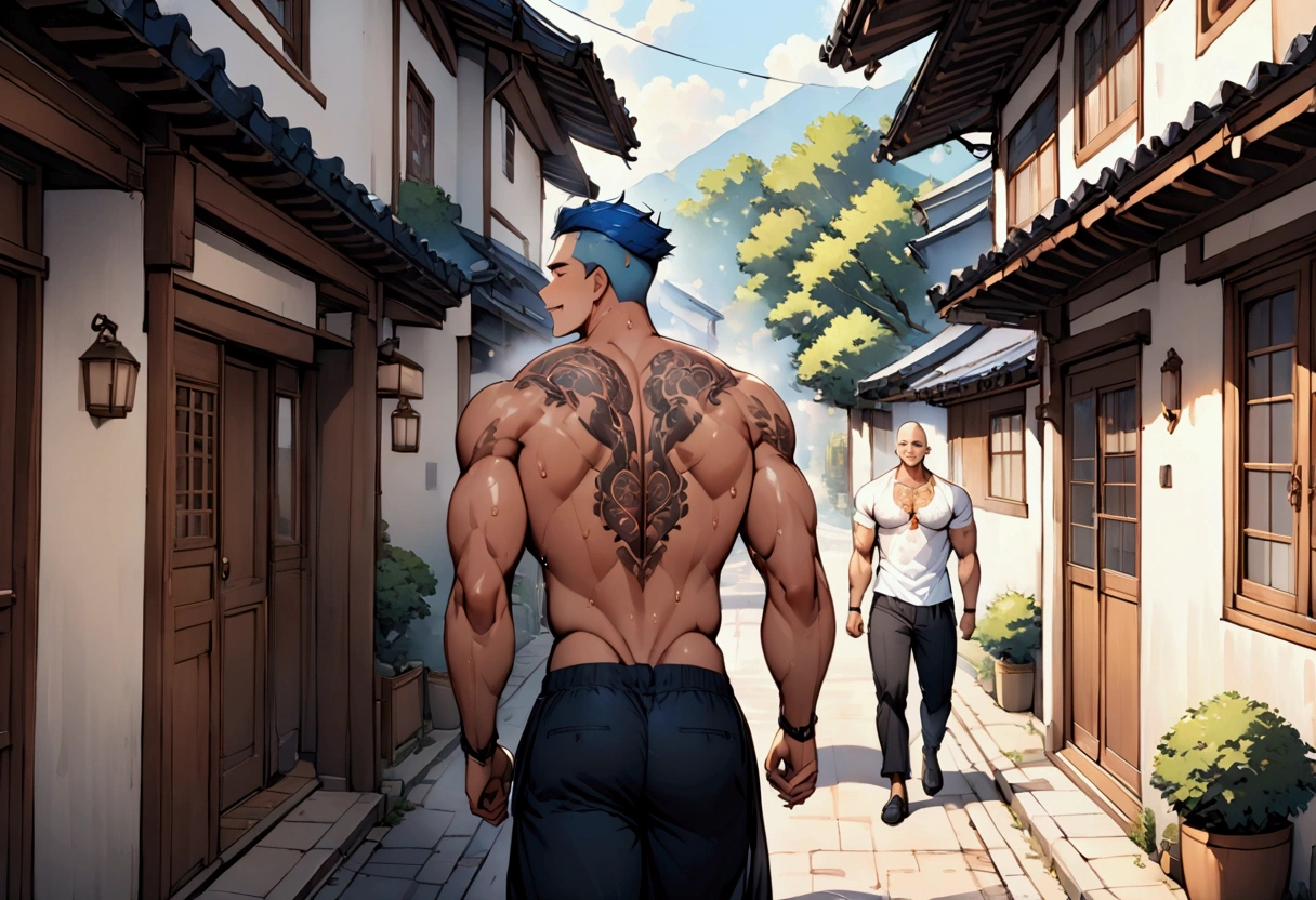 Highest quality、masterpiece、(muscular male:1.2)、(father:0.5)、Shaved head、Blue Hair、(sweat:1.3)、(steam:1.1)、nipple piercing、tattoo on chest、tattoo on leg、Walking through residential areas、Holding hands、ass pov、Happy face、side view