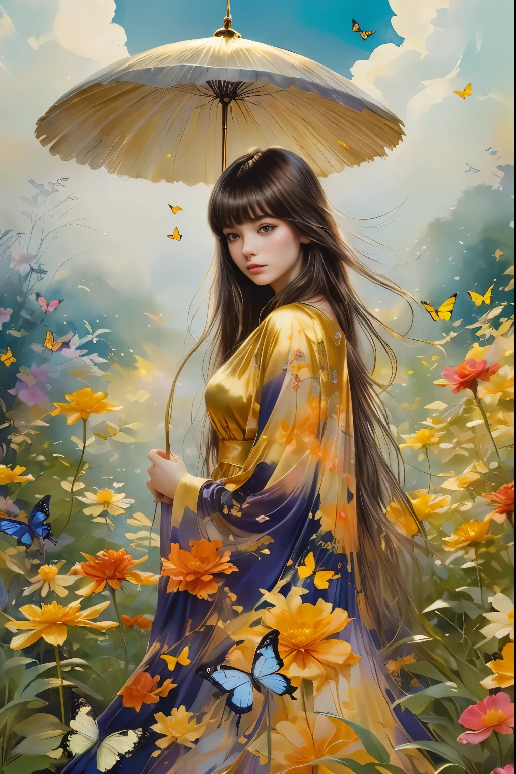 chiaroscuro technique on sensual illustration of an baby girl (((long hair with bangs:1.4、Beautiful bangs) , vintage ,silky dress, matte painting, by John Singer Sargent, by Harumi Hironaka, abstract background, (upper body:1.5), (highres:1.2,realistic:1.37),Girl in a magical garden, fairytale atmosphere, beautiful detailed eyes, long flowing hair, vibrant flowers, butterflies fluttering around, golden rays of sunlight, soft and dreamy color palette, whimsical lighting, enchanting scenery, fantasy ambiance, surreal elements, ethereal beauty.