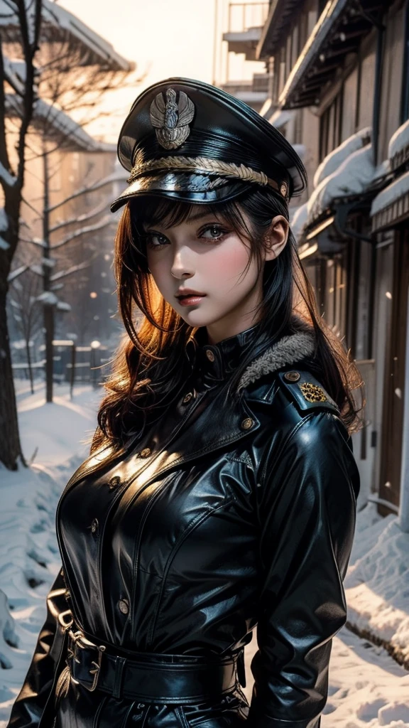 ((Beautiful Face:1.0)),((Upper Body:1.4)),beautiful ((similar)) Lilith Building posing in (Dynamic pose) As a dieselpunk army officer in World War II, Wearing a black leather uniform 、Wearing a leather military cap, Reference Photo, 最high quality, high quality, (Detailed face and eyes), dusk lighting, industrial use, outdoor snow forest background   ((close))   