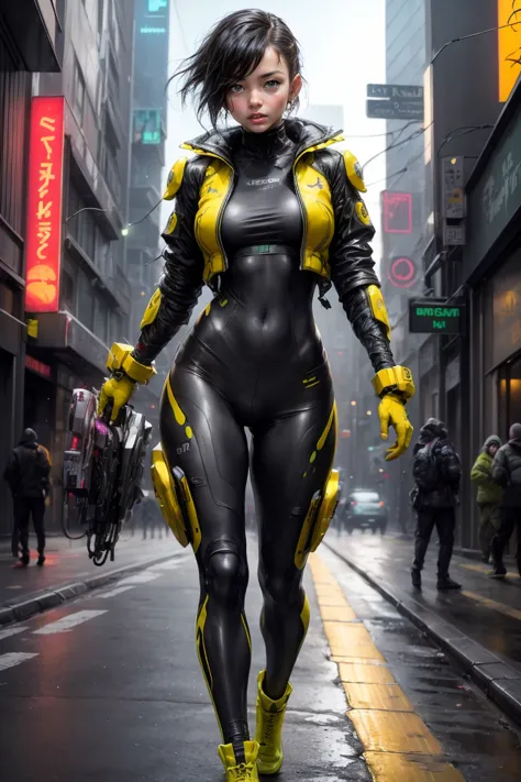 (yellow cyberpunk speed tactical suit:1) (1woman) dark theme :: focus on closeup face, serious face, cibetic visor, :: medium bl...