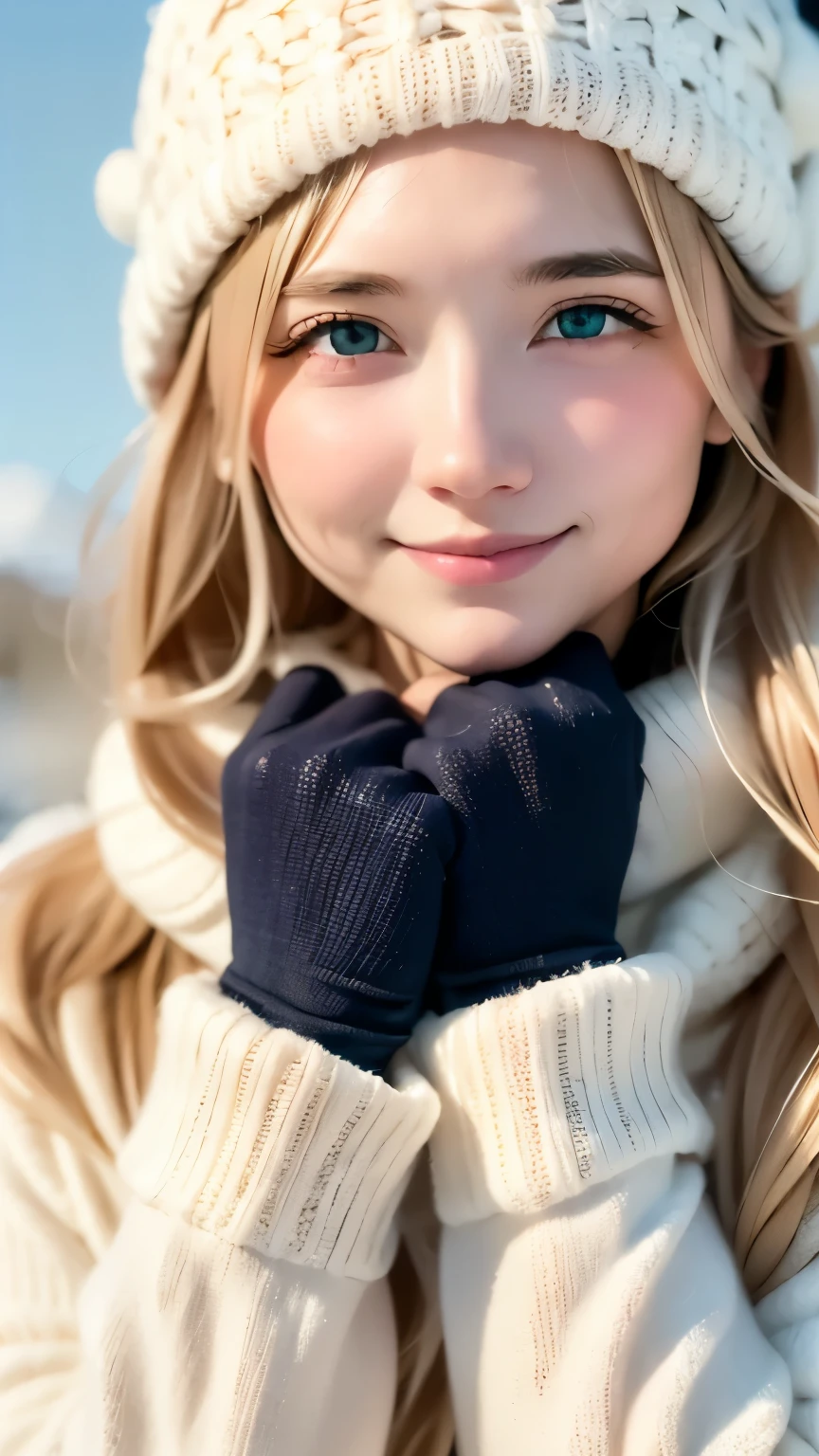 (Highest quality: 1.5), (masterpiece: 1.2), (Realistic: 1), 4K, (RAW Photos: 1.1), 1 person, Baby Face, Small Nose、Cheeks and nose are slightly red、No makeup、20-year-old, Looking at the audience, blonde, Icelandic, snow, ice, cold, Eskimo, Portraiture, winter, gloves, scarf, close your eyes, smile, cute, Upper Body, snow piled up, Wide Shot,