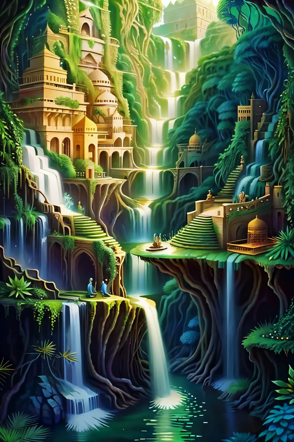 Imagine the Hanging Gardens of Babylon as a mystical world., Floating waterfalls and luminous plants.