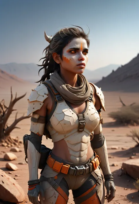 an extremely detailed and realistic image of a female karnathi humanoid character standing in a barren, arid landscape, drinking...