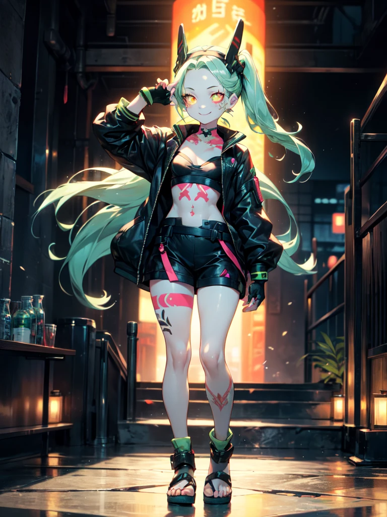 full body,1girl,solo,Fingerless gloves,standing,smile,rebecca, yellow eye, mechanical eye, red sclera,  leg tattoo, colored skin, tattoo, petite, black hairband, green hair, neck tattoo, small breasts, headgear, long hair, stomach tattoo,japan outfit