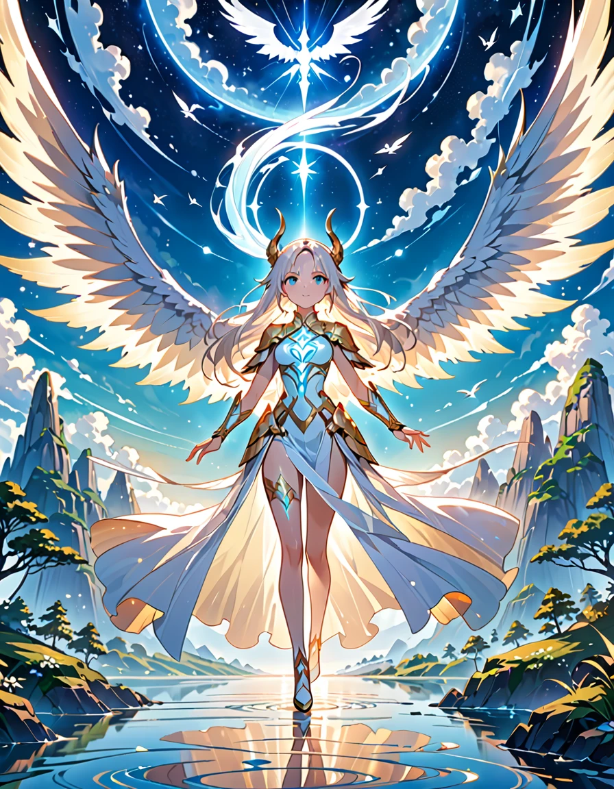 (((masterpiece, best quality, 8k))), celestial female warrior, (full-body), radiant white dragon armor, adorned with glowing angelic symbols, ethereal white light emanating from her, long flowing platinum hair, delicate strands catching the divine light, serene and confident expression, piercing ice-blue eyes, walking through a heavenly realm of floating islands, bathed in a soft golden glow, dragons with luminescent wings soaring in the dawn sky, light beams and clouds swirling around, (celestial lighting, soft white radiance)
