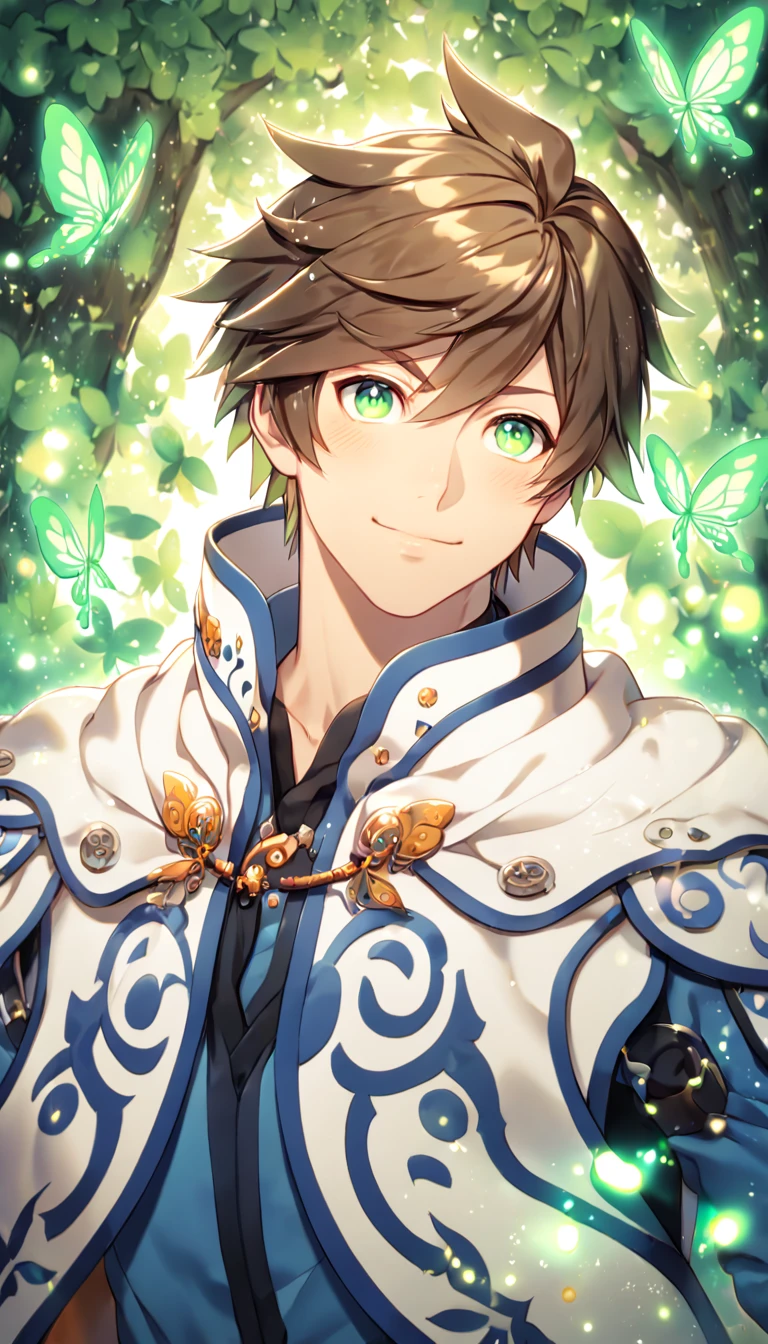 absurdres, highres, ultra detailed, HDR, master piece, best quality, extremely detailed, detailed eyes, Sorey, brown hair, expressive green eyes, Tales Of Zestiria, solo, sexy man, sensual, handsome, smile, manly man, blue clothes, white cape, white gloves, under a green tree, fantasy, magical, glittering fireflies, green butterflies, green flames, magic, green leaves