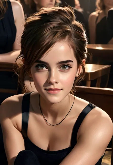 1girl, ((upper body, looking at camera)), emma watson, ((looking interested!! looking amused!! smug. wicked grin)). (seated, fac...