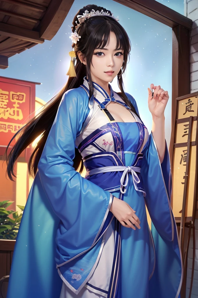 Starry sky landscape、shooting star、Outdoor、 Han Dynasty Landscape、Three Kingdoms、(Highest quality,4K,8k,High resolution,masterpiece:1.2)、Very detailed, High resolution,、Hyper HD、Studio Lighting、Ultra-fine painting、 Sharp focus、 Physically Based Rendering、 Very detailed説明、 Professional、 Vibrant colors、Traditional Chinese Painting Techniques、 Atmospheric lighting、 Vivid color contrast、 Ethereal atmosphere、Very detailed目と顔、 Beautiful attention to detail、 Light on the face、Hanfuを着た少女、(Hanfu: 1.1)、、Eyes are green、Slim figure、Small breasts、(((1 girl)))