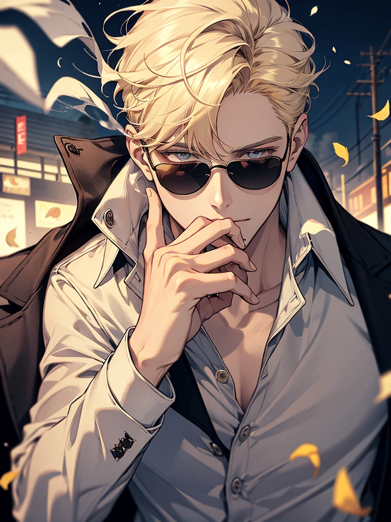 1boy，smoking with a black jacket and white blouse, yellow hair, brown eyes, handsome, age28, men's sunglasses, water, wet, night, blue petals,