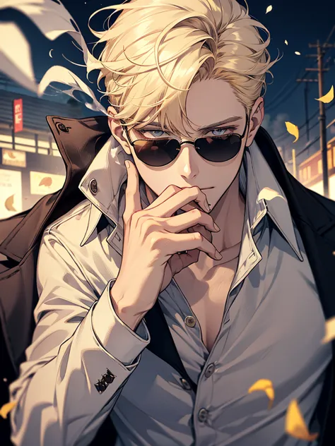 1boy，smoking with a black jacket and white blouse, yellow hair, brown eyes, handsome, age28, men's sunglasses, water, wet, night...