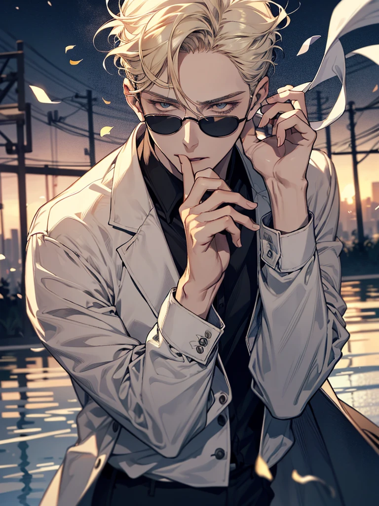 1boy，smoking with a black jacket and white blouse, yellow hair, brown eyes, handsome, age28, men's sunglasses, water, wet, night, blue petals,