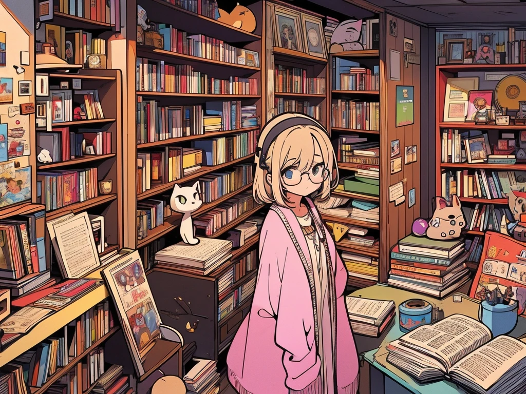 20 year old girl,Glasses on head,Holding a cat,Inside the room,A room littered with comics and magazines,A pile of novels and books,TV turned off,