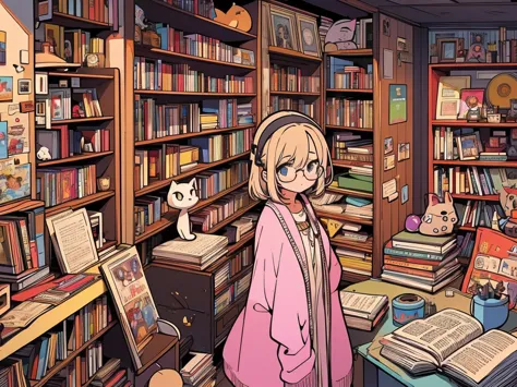 20 year old girl,glasses on head,holding a cat,inside the room,a room littered with comics and magazines,a pile of novels and bo...