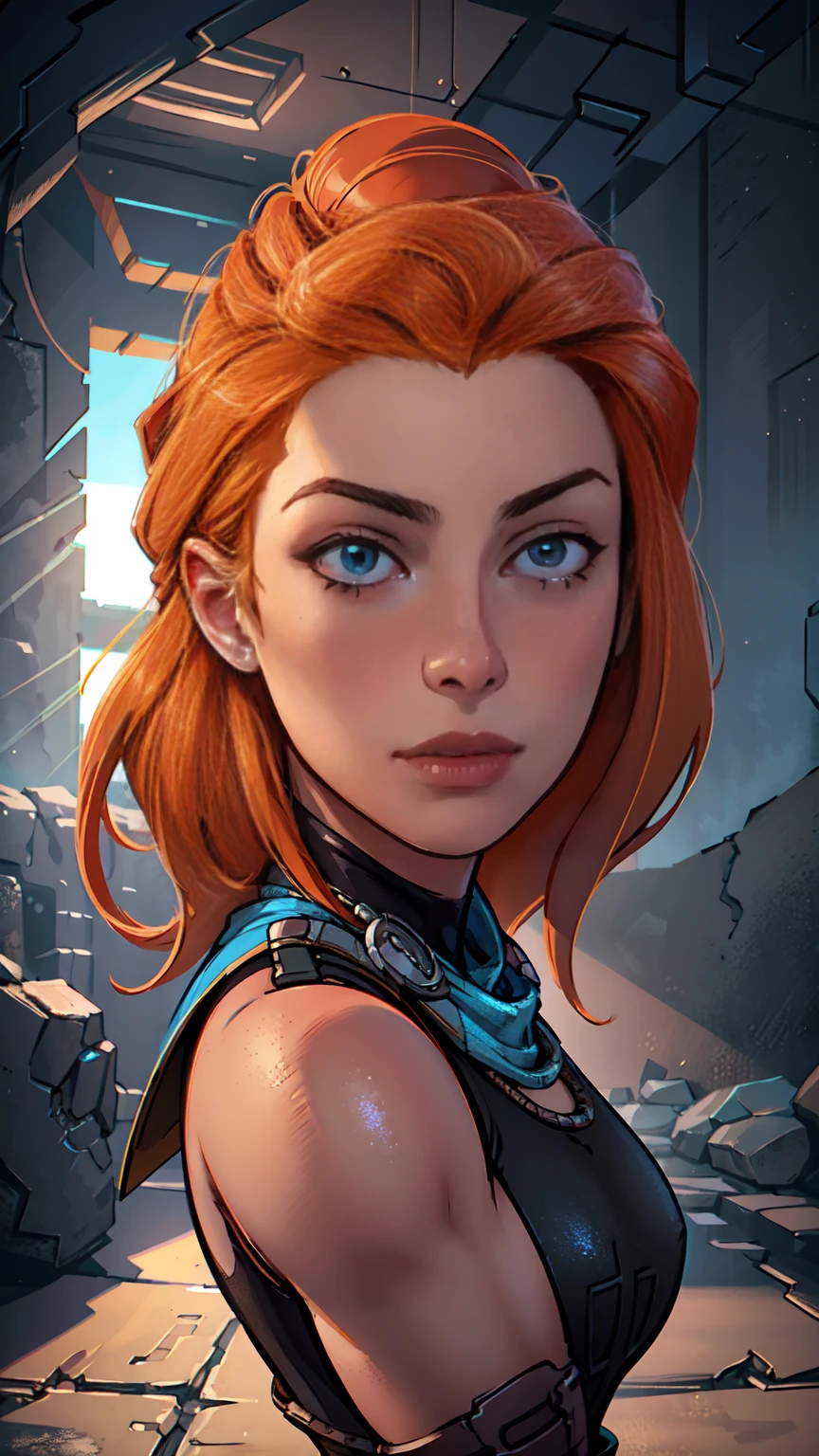 beautiful detailed eyes, beautiful detailed lips, extremely detailed eyes and face, long eyelashes, 1girl, cosplay, Kim Possible cosplays as Aloy from Horizon games, intricate detailed costume, high quality 3D render, cinematic lighting, photorealistic, hyper detailed, vibrant colors, warm lighting, dramatic pose, dynamic action, epic fantasy