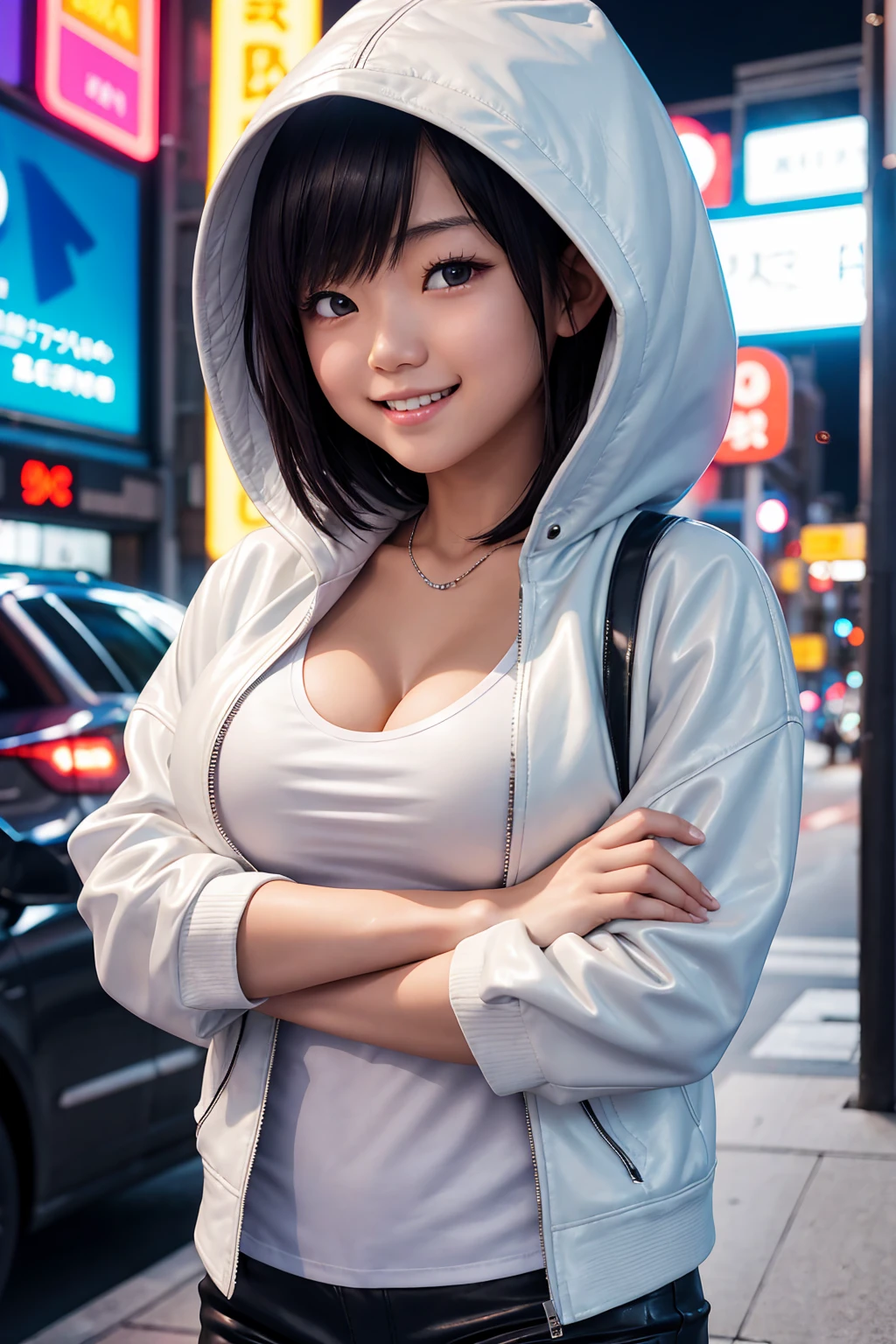 A young Japanese girl, wearing a white t-shirt, a leather jacket and a hood up.demin short pants, She was looking at me with a smile on her beautiful face, her breasts so big that they accentuated her cleavage.crossed arms,Late night entertainment district with dazzling neon lights
