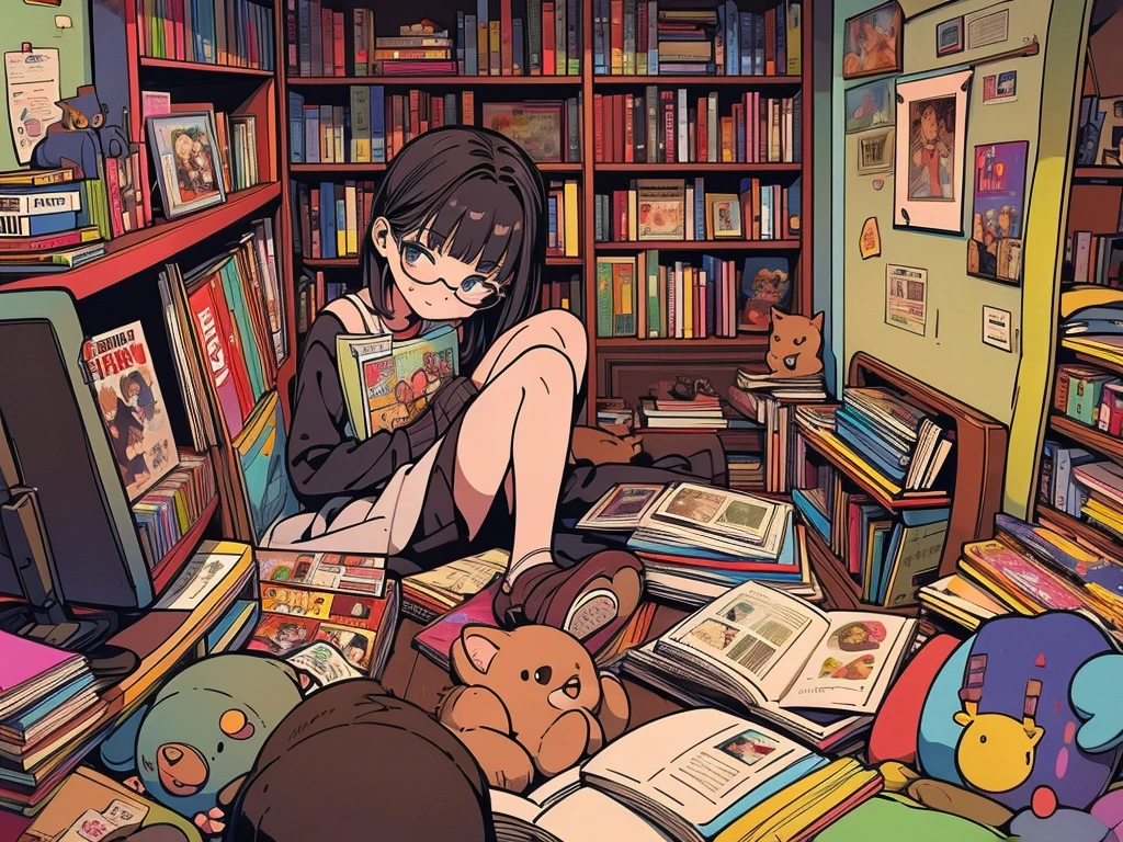 One 20-year-old girl,Glasses,Holding a cat,Inside the room,A room littered with comics and magazines,A pile of novels and books,TV turned off,