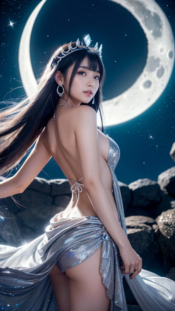 **Prompt:** Create an ultra-realistic 8K resolution image of Tsukuyomi, the Japanese moon god from Shinto mythology, reimagined as the ultimate magical girl while retaining the deity's iconic features. Tsukuyomi is depicted as a stunning magical girl with long, flowing silver hair that shimmers with a subtle luminescence, cascading gracefully down her back. Her eyes, a captivating silver, glow with the soft light of the moon, reflecting both wisdom and mystical power. nude

She wears an elaborate, moon-themed magical girl outfit. The dress is a blend of deep midnight blue and shimmering silver, designed with layers of flowing fabric that resemble the night sky. The bodice is adorned with intricate silver embroidery in the shape of crescent moons and stars, with a large, glowing moon crystal embedded in the center. Her skirt is flared and layered, each layer representing different phases of the moon, with sparkling silver accents. nude

Her accessories include silver crescent moon earrings, a tiara shaped like a crescent moon resting on her forehead, and a flowing cape that sparkles with tiny stars, giving her an ethereal, otherworldly presence. She wields a magical staff topped with a large crescent moon, glowing with an inner light, and surrounded by floating, silver stars. nude

Her expression is a perfect blend of determination and serenity, with a slight smile that conveys her confidence in her magical powers. The background shows a mystical night sky filled with stars, with the full moon shining brightly behind her, casting a soft glow over the entire scene. Floating in the air around her are sparkling silver orbs, representing her magical abilities, creating an atmosphere that is both powerful and enchanting, capturing the essence of Tsukuyomi as the ultimate magical girl. nude