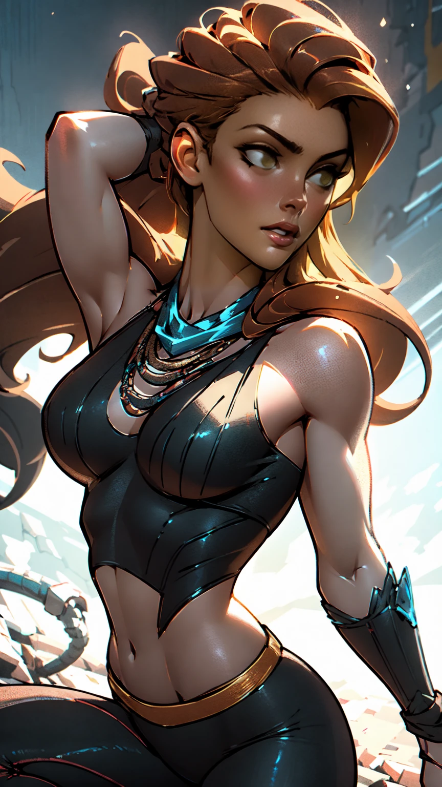 beautiful detailed eyes, beautiful detailed lips, extremely detailed eyes and face, long eyelashes, 1girl, cosplay, Kim Possible cosplays as Aloy from Horizon games, intricate detailed costume, high quality 3D render, cinematic lighting, photorealistic, hyper detailed, vibrant colors, warm lighting, dramatic pose, dynamic action, epic fantasy, human anatomy, human proportions 