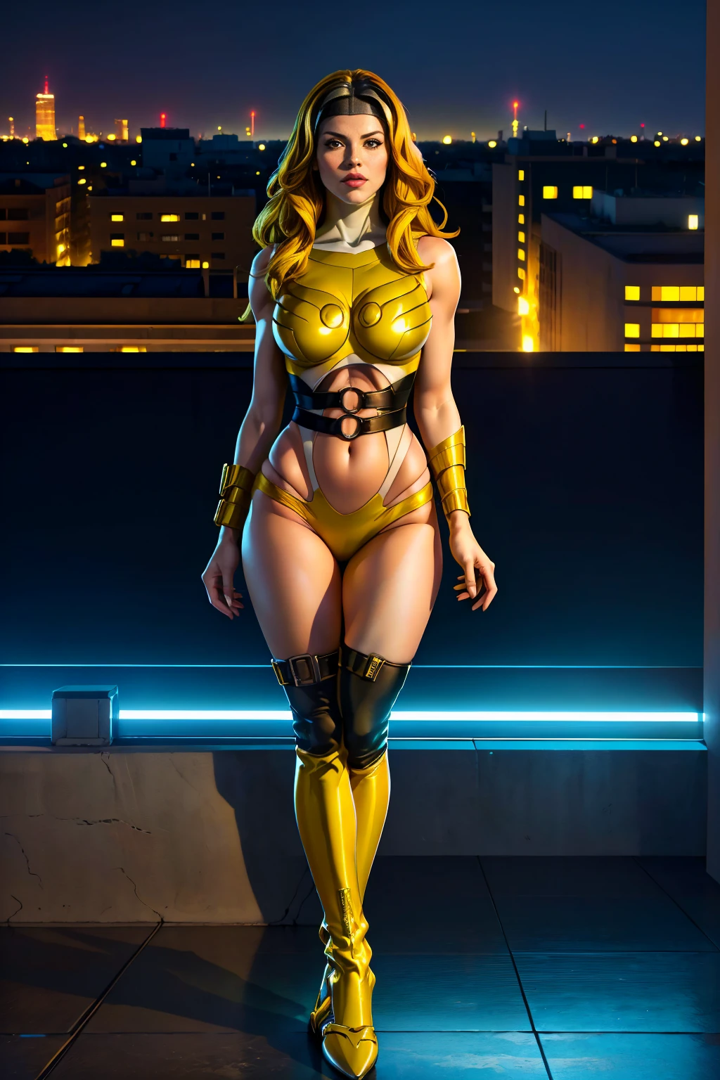 ((Full body photo, standing, feet on the floor)) (best quality,4k,8k,highres,masterpiece:1.2),ultra-detailed,(realistic,photorealistic,photo-realistic:1.37),full body shot,Rogue,X-Men,yellow thigh high boots,beauty pose, standing tall, show feet, outside, city rooftop at night, green headband