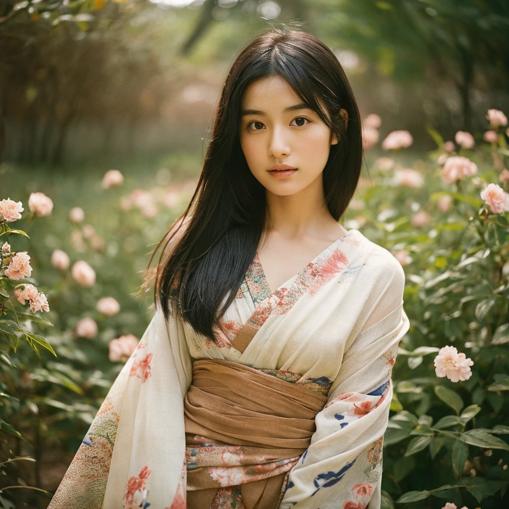 A hyper-realistic image of a single Japanese woman in her early 20s, captured from the shoulders up with the nostalgic warmth and subtle graininess of a film camera. She is wearing a traditional yukata with a vibrant, cute design featuring bold and colorful floral patterns such as cherry blossoms and peonies in shades of pink, red, and lavender, set against a soft pastel background. The obi is elegantly tied with a complementary color, adding a playful touch. The fabric of the yukata appears naturally lightweight with visible folds and textures that enhance its realism, gracefully draped over her shoulders. Her skin has a warm beige tone with a distinctly natural, rough texture, showcasing visible pores, fine lines, and small blemishes. The texture includes slight unevenness, embracing imperfections to emphasize a lifelike and realistic appearance, deliberately avoiding an overly smooth look. The lighting is soft and muted, resembling the gentle, diffused natural light of an overcast day or early evening, casting subtle shadows that add depth and highlight the realistic texture of her skin. Her straight, glossy black hair frames her face naturally, slightly tousled, enhancing her authentic look. Her deep brown eyes subtly reflect the ambient light, adding depth and a sense of realism. The film camera effect introduces a noticeable grain and a soft focus, providing a warm, nostalgic atmosphere while maintaining the rough, lifelike quality of her skin. The composition is centered solely on her, capturing her serene and understated elegance, with an emphasis on the detailed textures of the yukata and the authentic, coarse texture of her skin.