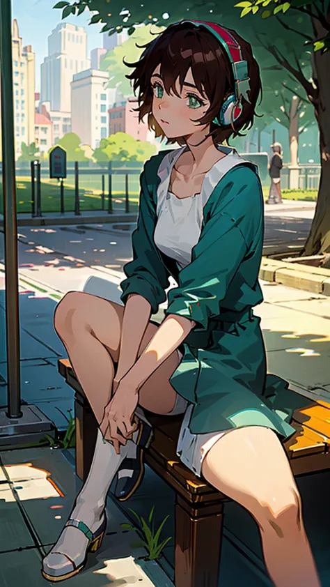 a beautiful girl with short hair, green eyes, and headphones, sitting on a bench in a sunny park