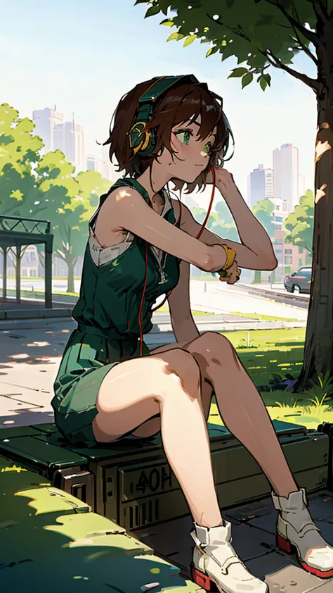 a beautiful girl with short hair, green eyes, and headphones, sitting on a bench in a sunny park