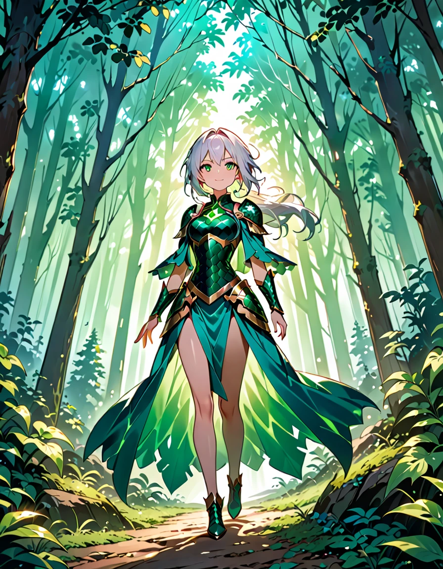 (((masterpiece, best quality, 8k))), fierce female knight, (full-body), emerald dragon scale armor, shimmering green glow, short spiky white hair, strands framing a sharp face, intense emerald eyes, smirk of confidence, walking through a dark enchanted forest, bioluminescent flora, dragons lurking in the misty canopy, magical energy crackling around her, (mystical lighting, high contrast)