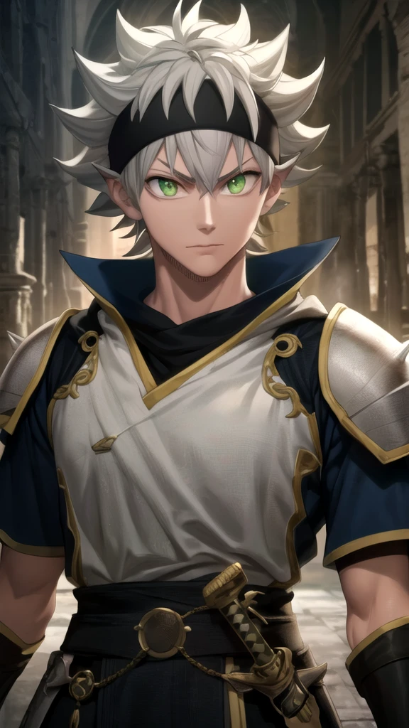 artwork, best quality, high quality, 1 boy, solo, male focus, looking at viewer, upper body, asta, green eyes, headband, gray hair, spiky hair, artwork, best quality, quality tall, 1 boy, solo, male focus , looking at viewer, upper body, asta, green eyes, headband, gray hair, spiky hair, artwork, best quality, high quality, 1 person, solo , focused man, looking at viewer, upper body, asta, headband, gray hair, spiky hair, High quality, very realistic, absurd, tall, highly detailed, HDR, masterpiece, highly detailed face and eyes, wearing battle armor complete, solo, male, handsome, in a dark place, there are lots of ruins, there is a wolf nearby, his body is sturdy, tall, his face is handsome, still youthful, like a Korean artist, flat facial expression, his body is big and muscular, tall, there was a black magic power near him, Stand up straight, His body is muscular, tall, mighty, and handsome, Carrying a sword, 