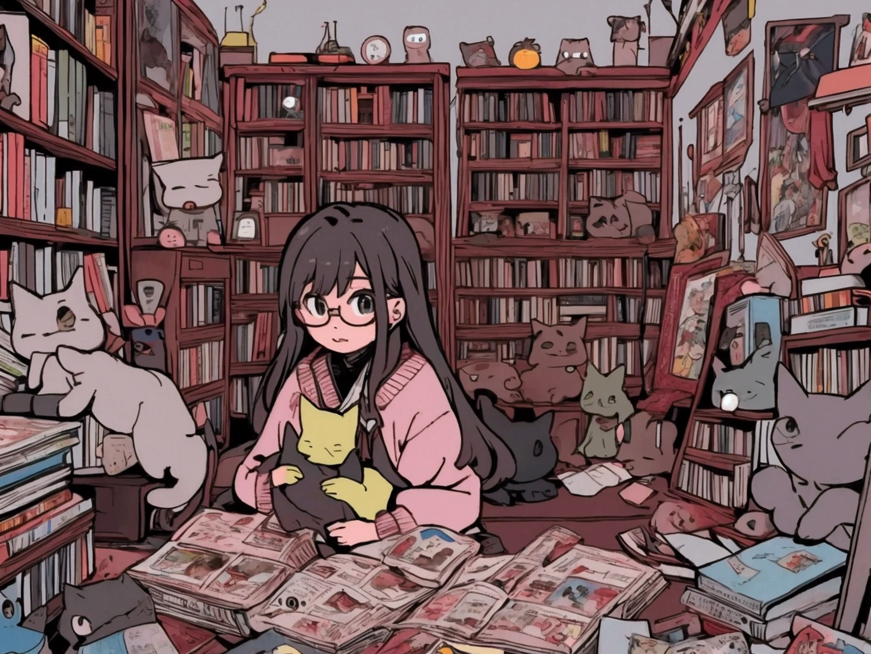 One 20-year-old girl,Glasses,Holding a cat,A room littered with comics and magazines,A pile of novels and books,TV not working,