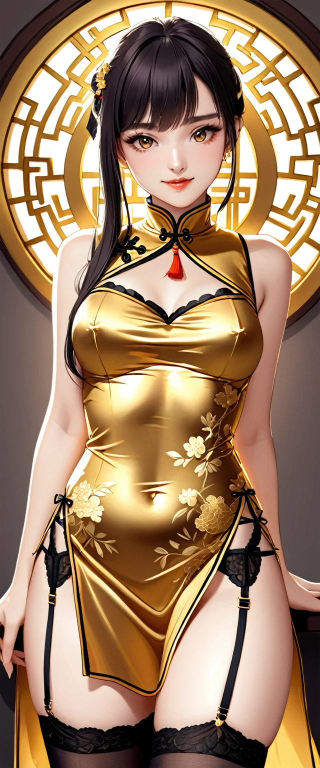 High resolution, adult woman , good lighting, despicable, , (nudity), (((China dress))), ((gold)), ((())), (garter belt), abdomen only, (),  ,  cute face, I&#39;m embarrassed and blush, humiliating, ((turn around and look back)), ((See-through))()(T-back)(a large amount of  is on the body,)