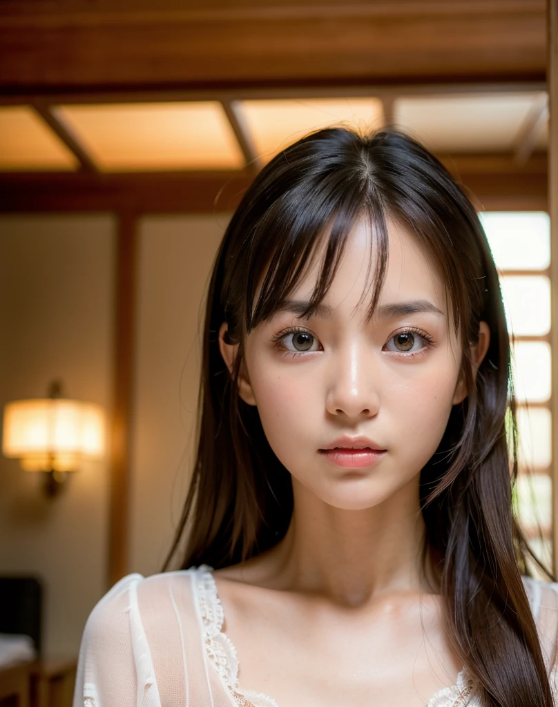 best quality, face focus, soft light, ultra high res, (photorealistic:1.4), RAW photo,
1japanese girl, solo, cute, (pupil, lights in the eyes),  detailed beautiful face, (small chest),(high resolution detail of human skin texture),
(long hair),
indoor,
Damask Shirt Dress,
(portrait)