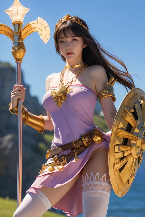 masterpiece, highest quality, high resolution, hmpa1, pink, parted bangs, battle tiara, large breasts, golden necklace, exposing...