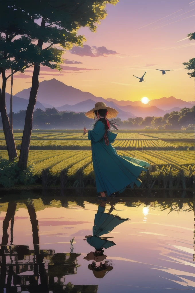 (thrilling, Practical, Vibrant colors, 8K),Rice fields and sunset, golden hour lights, Tall and lush green rice, The reflection of the sky sparkles on the water, The breeze gently sways the plants, The background is a distant mountain, Peaceful atmosphere, Peace and tranquility, The air is a little hazy, Soft and warm sunshine, Farmer wearing traditional hat, Bending over to work in the fields, Beautiful movements, Rustling leaves, A flock of birds flying in the sky, Create a sense of harmony