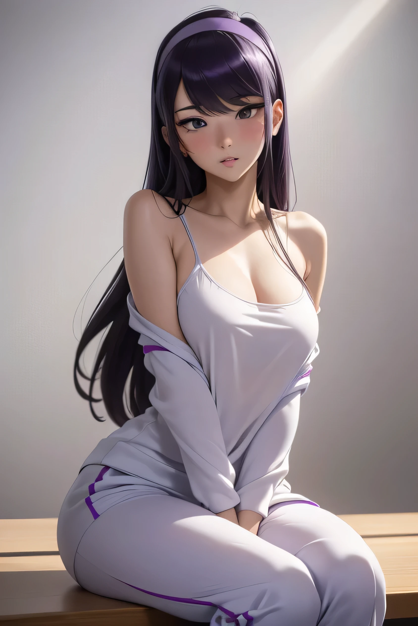 ((masterpiece, best quality, ultra-detailed, ultra-HD, photorealistic, cinematic)), (medium camera shot, from below:1.2), (sensual pose, sitting crossed legs), (alluring and slim female as Komi Shouko:1.5), perfect anatomy, perfect face, (large breasts), proportioned hands, (shoulder-length purple hair:1.3), (wearing fitted white track suit:1.3), (wears a plastic purple headband), ((dynamic background)), (detailed pupils, detailed eyes, blushing, nude lips, slightly parted lips)