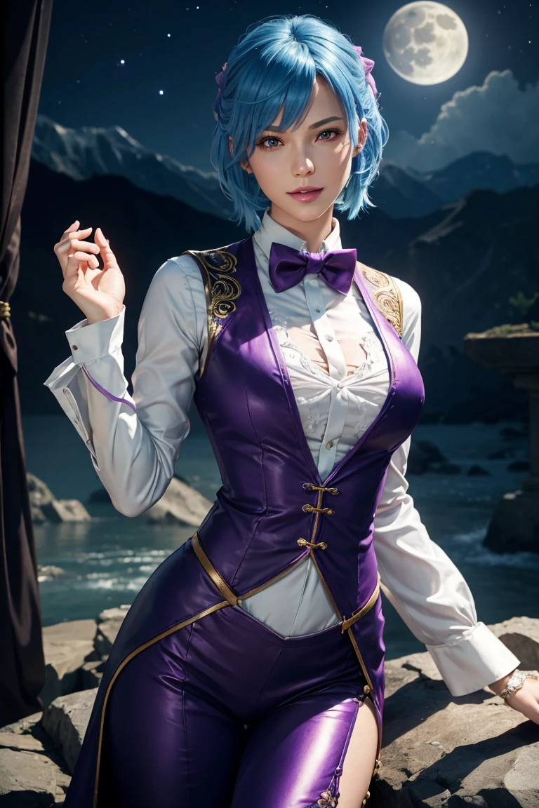 KOF,King of Fighters,Cooler･diamond,woman,Red Eyes,Light Blue Hair,Medium Hair,White long shirt,Purple vest,A bow tie,Beautiful white skin,Photorealistic,Ultra HD,high quality,masterpiece,Digital SLR,Detailed details,Intricate details,Anatomical basis,Depicted in detail,A detailed face,Realistic skin texture,Vivid details,Perfect Anatomy,Perfect Anatomy,Anatomically correct hand,Anatomically correct fingers,Super Detail,Complex 3D rendering,Sexy pose,Fantasy worldview,Beautiful Full Moon,,Beautiful night sky,Purple rose petals fluttering,Picturesque,Pink Lips,smile,