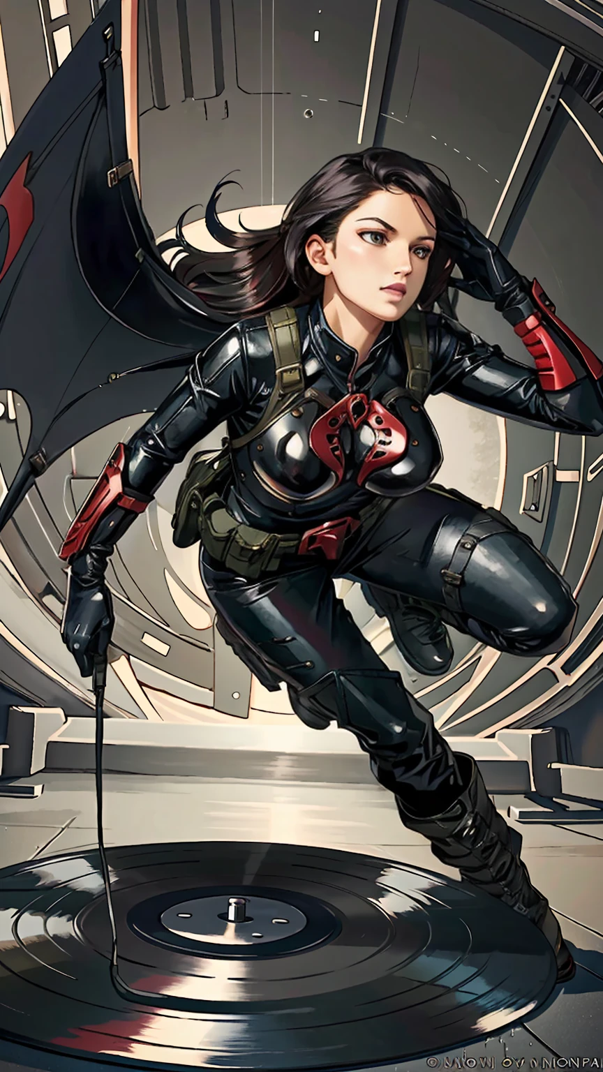 ((Artwork)), realistic, ((highly detailed:1.3)), baroness, perfect female body, wet vinyl body, pretty face, beautiful eyes, perfect hands, ((Military base setting)), Mid-air , dynamic pose, 
