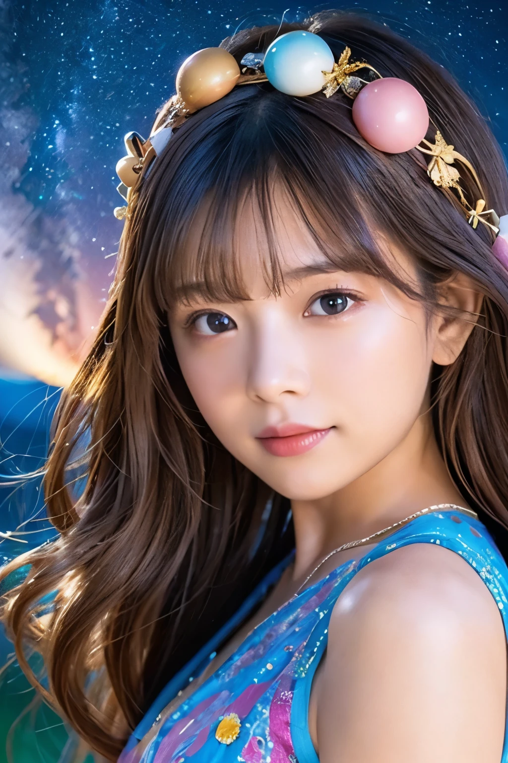 high quality, 最high quality, Tabletop, Detailed portrait of a woman 1 Girl, Long Hair, (floating, space, Milky Way, colorful), Warm lighting, goddess, Milky Way, scenery, colorful hair wreath, {{{最high quality}}}, {{Very detailed}}, {figure}, Movie angle, {Detailed light},Cinema Lighting, Celestial, Dynamic pose