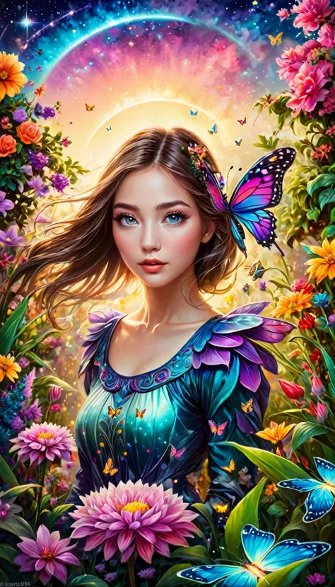 a girl close up,glowing eyes in a surreal and intricate garden of infinite possibilities, lost in a chaotic and unpredictable wo...