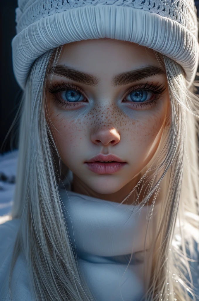 very beautiful woman, perfect face, long white hair, small sharp face, perfect big blue eyes, thin arched eyebrows, very thick and long eyelashes, close up face, freckles, small nose, black winged eyeliner, front view, looking at viewer, super white skin, russian soft small features, in the snow 